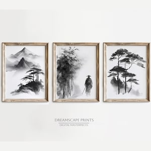 Zen Art Trio Japanese Ink Style Set of 3 Paintings Monochrome Mountain Landscape Home Wall Decor Minimalist Black and White Wall Prints