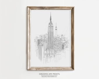 Puede incluir: Un dibujo en blanco y negro de la línea del horizonte de la ciudad de Nueva York, con el Empire State Building y otros rascacielos.