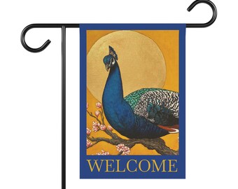 Pfau Willkommen Garten & Haus Banner, von Jennifer Lenhardt Art, Florale Gartenhaus Flagge, Willkommensschild, Geburtstag und Einweihungsparty Geschenkidee