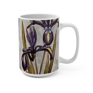 Iris Floral Coffee Mug 15oz, by JENNIFER LENHARDT Art, Botanical Flowers, Gift for Her, Gifts, Tea, Cup