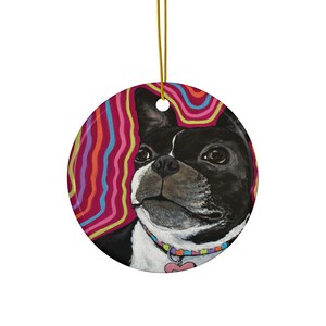 Boston Terrier Ceramic Christmas Ornament, 2-Sided Print,  by JENNIFER LENHARDT Art, Boston Terrier Dog, Holiday Stocking Stuffer
