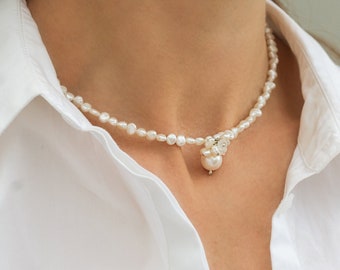 White Pearl Choker Necklace with Moonstone and Swarovski Crystal - Adrianna Design