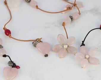 Rose Quartz Necklace, on Sale, Leather Lariat Necklace, Pink Necklace, Gemstone Jewellery, Women Jewellery, Jewelry gift for her