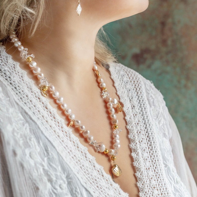 Pink Pearl and Quartz Necklace with Gold Plated Seashell Charms