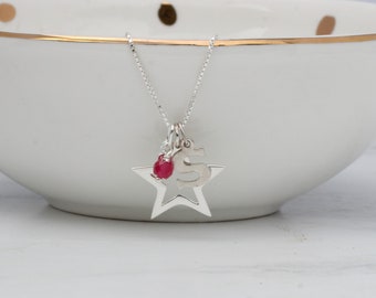 Star Necklace Silver, Personalised Jewellery, Birthstone Necklace with Initial, Birthday Gifts for Best Friend