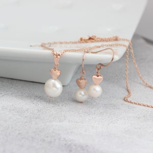 White Pearl Pendant and Drop Earrings Set with Gold Hearts