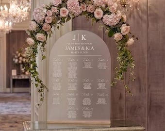 Frosted Acrylic Wedding Seating Chart Sign Custom Arched Guest Arrangement White Letters
