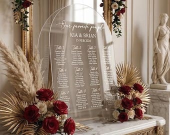 Clear Acrylic seating chart for guest arrangement Custom Arched sign with white letters