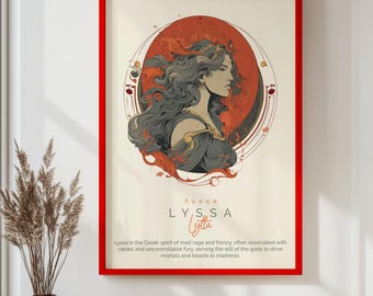 Póster de Lyssa, diosa griega, arte mural de Lytta, lámina de mitología griega, decoración femenina oscura, regalo mitológico