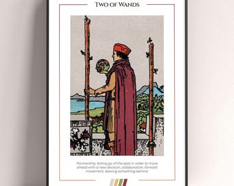 Two of Wands Tarot Card Poster, Tarot Art Print, Tarot Card Modern Poster, Tarot Decor, Mystical Poster, Witchy Gift, Mystical Gift
