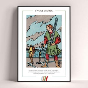 Póster de la carta del tarot Cinco de Espadas, lámina de tarot, póster imprimible, decoración de tarot, póster místico, regalo de bruja, regalo místico