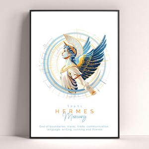 Lámina de Hermes, dios griego de Mercurio, póster imprimible de Hermes, lámina de mitología griega, decoración mitológica, lámina artística de dios, decoración griega