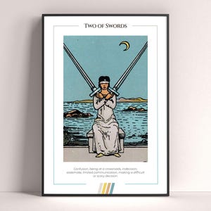 Póster de la carta del Tarot Dos de Espadas, lámina de tarot, póster imprimible, decoración de tarot, póster místico, regalo de bruja, regalo místico