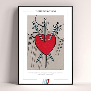 Póster de la carta del Tarot Tres de Espadas, lámina de tarot, póster imprimible, decoración de tarot, póster místico, regalo de bruja, regalo místico