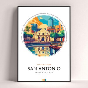 Póster de la ciudad de San Antonio, impresión de viaje a Estados Unidos, arte de pared imprimible, regalo de viaje, arte urbano con paisajes, decoración de pared digital, regalo de cumpleaños