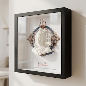 Pode incluir: Um busto branco de Shiva, o deus hindu, exibido numa caixa de sombra com moldura preta. O busto está centrado dentro de uma moldura decorativa ornamentada, azul e dourada. O texto "Shiva Mahadeva" está abaixo, com uma descrição de Shiva.