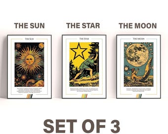 Set of 3 | The Sun, The Moon & The Star Tarot Card Poster, Tarot Card Print, Digital Print, Birthday Gifts, Wall Decor, Mystical Poster