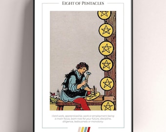 Eight of Pentacles Tarot Card Poster, Tarot Art Print, Tarot Card Modern Poster, Tarot Decor, Mystical Poster, Witchy Gift, Mystical Gift