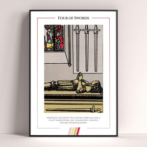 Póster de la carta del Tarot Cuatro de Espadas, lámina artística de tarot, póster moderno de la carta del tarot, decoración de tarot, póster místico, regalo de bruja, regalo místico