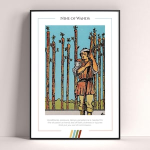 Póster de la carta del tarot Nueve de Bastos, lámina de tarot, póster imprimible, decoración de tarot, póster místico, regalo de bruja, regalo místico