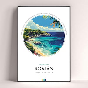 Roatan City Poster, Honduras Travel Print, Framed Wall Art Print, Minimalist Travel Home Decor