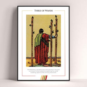 Póster de la carta del Tarot Tres de Bastos, lámina de tarot, póster imprimible, decoración de tarot, póster místico, regalo de bruja, regalo místico