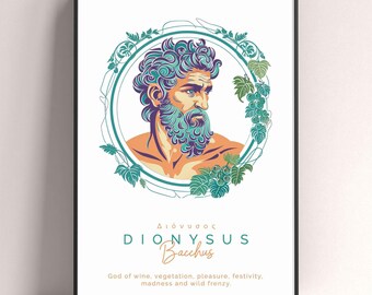 Dionysus God of Wine and Celebration Wooden Framed Poster, Greek Mythology Wall Art Gift