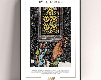 Five of Pentacles Tarot Card Poster, Tarot Art Print, Tarot Card Modern Poster, Tarot Decor, Mystical Poster, Witchy Gift, Mystical Gift