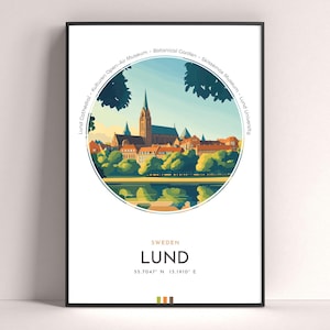 Póster de la ciudad de Lund, impresión de viaje a Suecia, impresión de arte mural enmarcada, decoración minimalista de viaje para el hogar