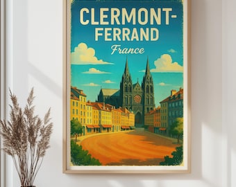 Clermont-Ferrand France Travel Poster – French City Wall Art Print, Gothic Cathedral Architecture, Vintage-Style Home Decor