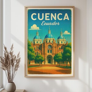 Cuenca Ecuador Retro Travel Poster – Vintage City Print, Cathedral Wall Art, Colonial Landmark Home & Office Decor