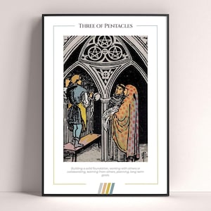 Three of Pentacles Tarot Card Poster, Tarot Art Print, Tarot Card Modern Poster, Tarot Decor, Mystical Poster, Witchy Gift, Mystical Gift
