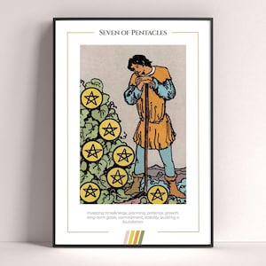 Seven of Pentacles Tarot Card Poster, Tarot Art Print, Tarot Card Modern Poster, Tarot Decor, Mystical Poster, Witchy Gift, Mystical Gift
