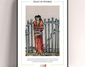 Acht van zwaarden tarotkaartposter, tarotkunstdruk, tarotkaart moderne poster, tarotdecor, mystieke poster, heksencadeau, mystiek cadeau