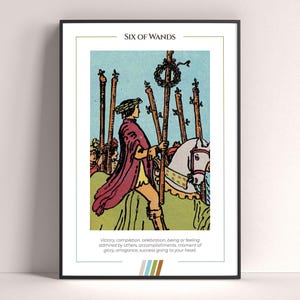 Affiche de carte de tarot Six of Wands, impression d'art de tarot, affiche moderne de carte de tarot, décor de tarot, affiche mystique, cadeau sorcière, cadeau mystique