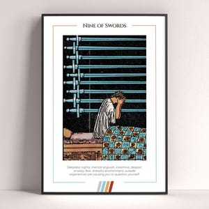 Póster de la carta del Tarot Nueve de Espadas, lámina de tarot, póster imprimible, decoración de tarot, póster místico, regalo de bruja, regalo místico