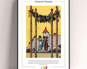 Four of Wands Tarot Card Poster, Tarot Art Print, Tarot Card Modern Poster, Tarot Decor, Mystical Poster, Witchy Gift, Mystical Gift