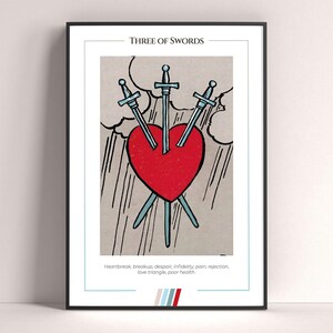 Pôster de Carta de Tarô Três de Espadas, Impressão de Arte de Tarô, Pôster Moderno de Carta de Tarô, Decoração de Tarô, Pôster Místico, Presente de Bruxa, Presente Místico