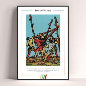 Póster de la carta del tarot Cinco de Bastos, lámina artística de tarot, póster imprimible de la carta del tarot, decoración de tarot, póster místico, regalo de bruja, regalo místico