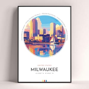 Pôster da cidade de Milwaukee, impressão de viagem pelos Estados Unidos, impressão de arte de parede emoldurada, decoração minimalista para casa com tema de viagem