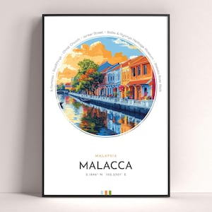 Affiche de la ville de Malacca, impression de voyage en Malaisie, impression d&#39;art mural encadré, décoration d&#39;intérieur de voyage minimaliste