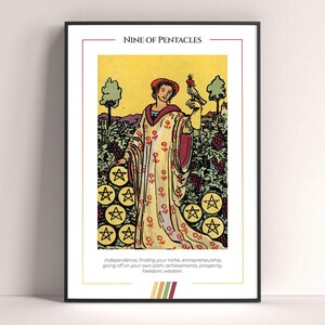 Pôster de Carta de Tarô Nove de Ouros, Impressão de Arte de Tarô, Pôster Moderno de Carta de Tarô, Decoração de Tarô, Pôster Místico, Presente de Bruxa, Presente Místico