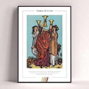 Póster de la carta del Tarot Tres de Copas, lámina de tarot, póster imprimible, decoración de tarot, póster místico, regalo de bruja, regalo místico