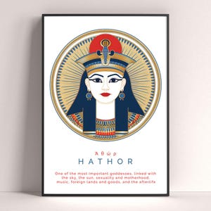 Print Egyptische godin Hathor, afdrukbare poster Hathor, print Egyptische mythologie, Egyptische geschenken, decor Egyptische mythologie, God Art Print