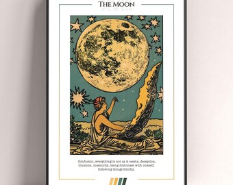 Pôster de Carta de Tarô da Lua, Impressão de Arte de Tarô, Pôster Moderno de Carta de Tarô, Decoração de Tarô, Pôster Místico, Presente de Bruxa, Presente Místico