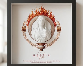 May include: Framed artwork featuring a white bust of the goddess Hestia, surrounded by a gold wreath and flames. The artwork includes the text "HESTIA" and a description of the goddess. The frame is black.