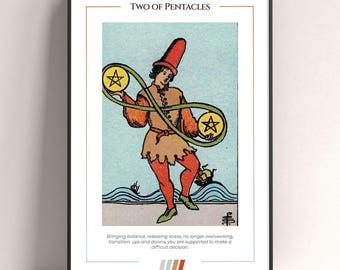 Two of Pentacles Tarot Card Poster, Tarot Art Print, Tarot Card Modern Poster, Tarot Decor, Mystical Poster, Witchy Gift, Mystical Gift