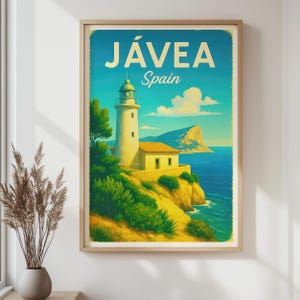 Impressão retrô da cidade de Jávea, Espanha – pôster de viagem com farol vintage, arte de parede costeira para decoração de casa e escritório