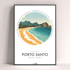 Poster Porto Santo, Portugal reisafdruk, moderne muurkunst, reiscadeau, landschapskunst stadskunst, kleurrijke print, verjaardagscadeau