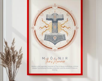 Thor’s Hammer Mjölnir Poster – Norse Mythology Wall Art, Viking Symbol Print, Nordic God Decor, Ancient Warrior Protection Artwork